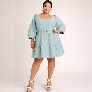 100 % Cotton Ava & Viv Mint Sage Green Tiered Midi Dress with Puff Sleeves